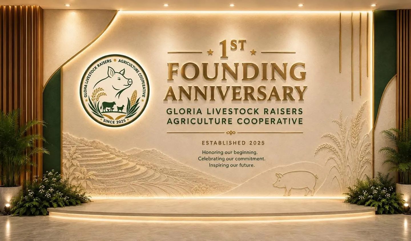 GLOLIVCO 1st Founding Anniversary backdrop: Established 2025 – Honoring our beginning, celebrating our commitment, inspiring our future